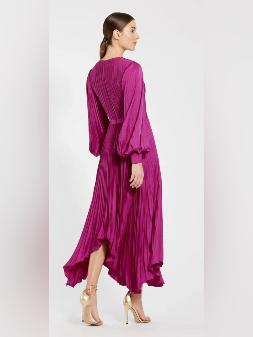 Mac Duggal Fuchsia Pleated Long-Sleeve Handkerchief Hem Dress - Picture 3 of 4